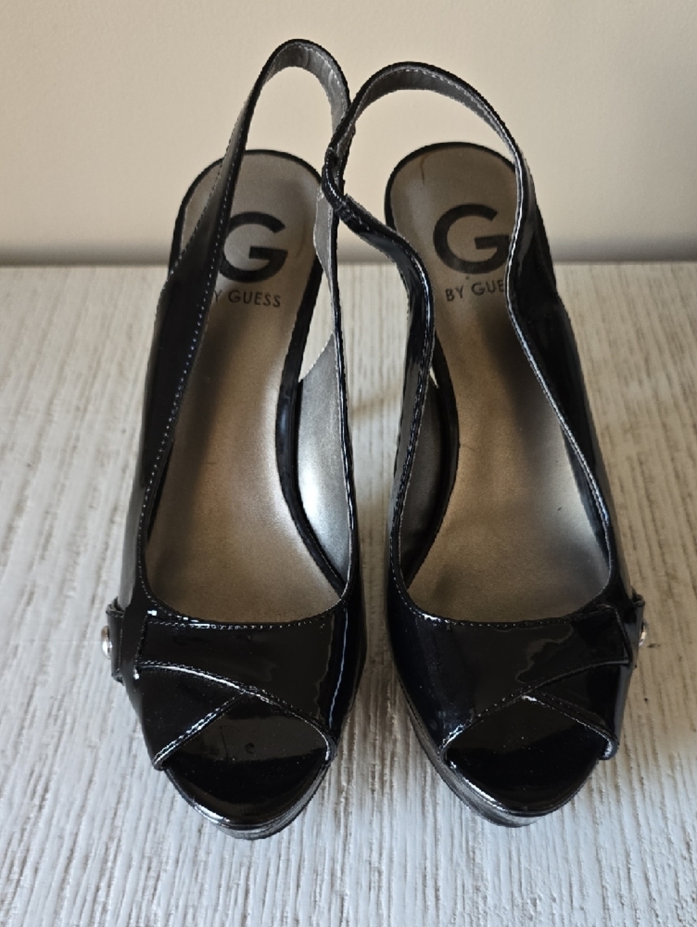 G by Guess Black Patent Peep-Toe Slingback Wedges - Picture 6 of 10